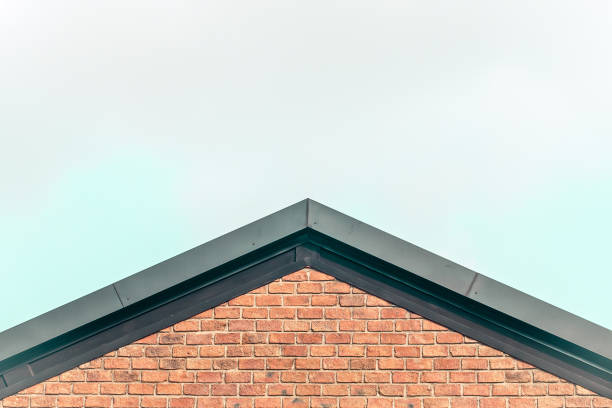 Top van een bakstenen nokvorst met donkere dakrand tegen een lichte lucht.